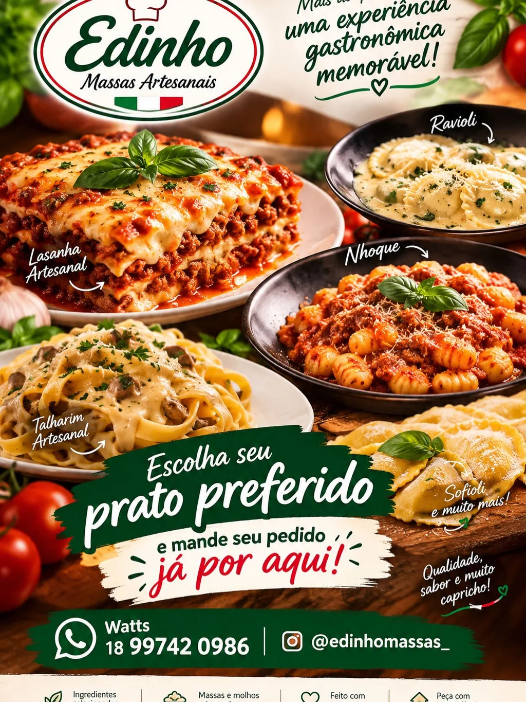 Arte do Edinho Massas Artesanais com lasanha, ravioli, nhoque, talharim e sofioli: escolha seu prato preferido e mande seu pedido